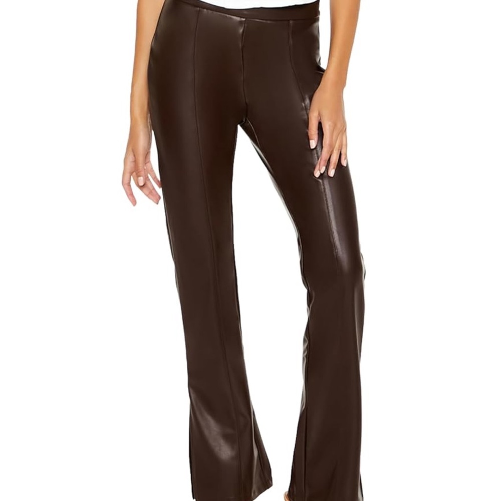Coffee Brown Faux Leather Split-Hem Pants